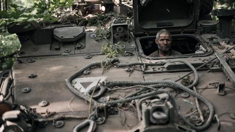 A Ukrainian mechanic after returning from a combat mission in the Kursk Region on August 14, 2024. (Kostiantyn Liberov via Getty Images)