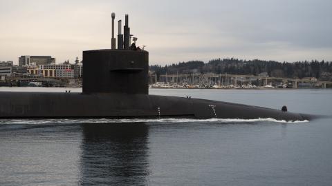 The Ohio-class ballistic missile submarine USS Louisiana transits Puget Sound on February 9, 2023. (US Navy photo by Mass Communication Specialist 1st Class Brian G. Reynolds)