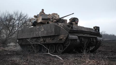 Ukrainian soldiers of 47th Mechanized Brigade on M2 Bradley infantry fighting vehicle on Avdiivka direction on February 23, 2024 in Donetsk Oblast, Ukraine. M2 Bradley infantry fighting vehicle proved to be a highly effective weapon at battlefield against Soviet and Russian military vehicle of Russian army during full-scale invasion. (Photo by Vitalii Nosach/Global Images Ukraine via Getty Images)