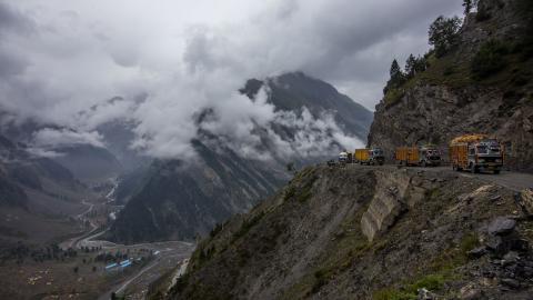 Vehicles travel along the treacherous Srinagar Leh highway on August 27, 2024, in Ladakh, India. Ladakh is a strategically important region due to ongoing territorial disputes with Pakistan and China. (Yawar Nazir via Getty Images)