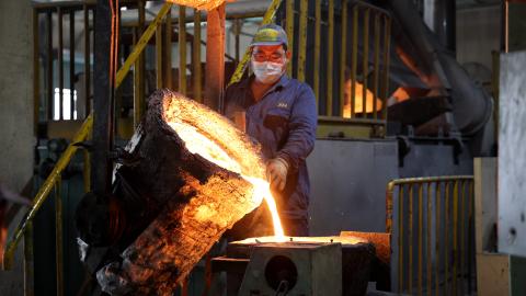 A worker produces wear-resistant rings for export to European and American markets in a workshop on October 14, 2024, in Binzhou City, China. (CFOTO/Future Publishing via Getty Images)