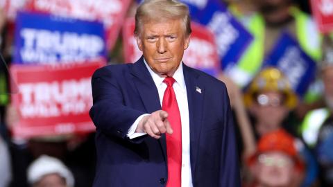 Former US President and Republican presidential candidate Donald Trump gestures during a campaign rally in Pittsburgh, Pennsylvania, on November 4, 2024. (Charly Triballeau/AFP via Getty Images)