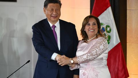 China's President Xi Jinping and Peru's President Dina Boluarte shake hands in Lima, Peru, on November 14, 2024. (Ernesto BenavidesAFP via Getty Images)