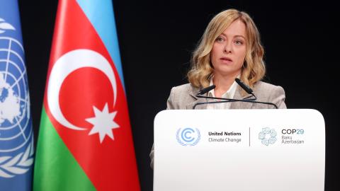 Italian Prime Minister Giorgia Meloni speaks during COP29 on November 13, 2024, in Baku, Azerbaijan. (Sean Gallup via Getty Images)