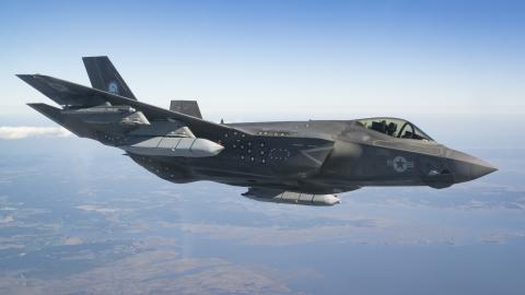 An F-35 Lightning II test pilot conducts flight test Sept. 10 to certify the carrier variant of the fighter aircraft for carrying the AGM-158C Long-Range Anti-Ship Missile (LRASM).