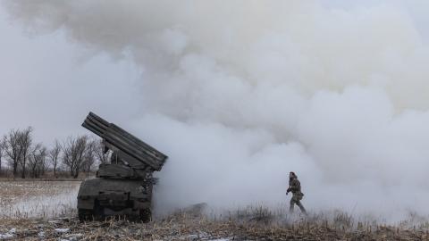 Ukrainian soldiers prepare the BM-21 artillery in the direction of Kurakhove, Ukraine, on December 4, 2024. (Diego Herrera Carcedo/Anadolu via Getty Images)