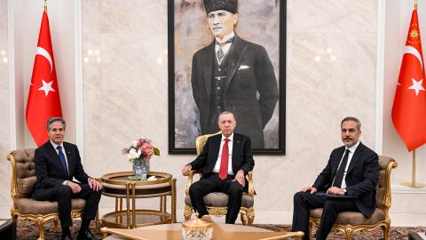 Antony Blinken meets with Turkey's President Recep Tayyip Erdogan and Foreign Minister Hakan Fidan in Turkey on December 12, 2024. (Andrew Caballero-Reynolds/AFP via Getty Images)