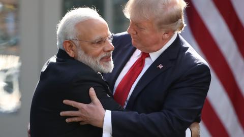 Donald Trump and Narendra Modi embrace while delivering joint statements at the White House on June 26, 2017, in Washington, DC. (Mark Wilson via Getty Images)