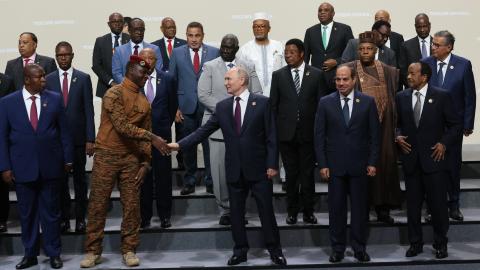 Russian President Vladimir Putin shakes hands with President of Burkina Faso Ibrahim Traore during the Second Summit and Russia–Africa Economic and Humanitarian Forum, on July 28, 2023, in Saint Petersburg, Russia. (Getty Images)