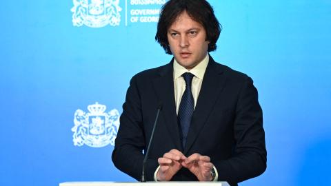 Georgian Prime Minister Irakli Kobakhidze holds a briefing in Tbilisi, Georgia, on December 4, 2024. (Vano Shlamov/AFP via Getty Images)