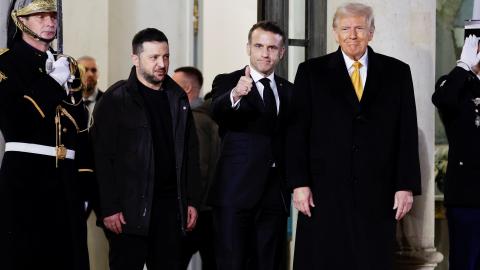 Emmanuel Macron, Donald Trump, and Volodymyr Zelenskyy after their meeting in Paris, France, on December 7, 2024. (Henri Szwarc/Xinhua via Getty Images)