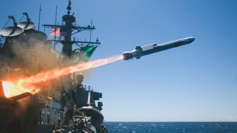 The guided-missile destroyer USS Fitzgerald fires the first Naval Strike Missile from a US destroyer on July 18, 2024, in the Pacific Ocean. (US Navy photo)