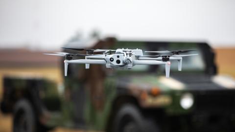 The Skydio X10D drone flies during a counter-uncrewed aerial systems training exercise at  Grafenwoehr Training Area in Bavaria, Germany, on February 13, 2025. (US Army photo)