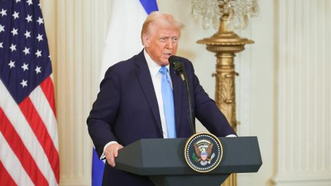 U.S. President Donald Trump speaks during a press conference with Israeli Prime Minister Benjamin Netanyahu in the East Room of the White House in Washington, D.C. on February 4, 2025. (Photo by Bryan Dozier / Middle East Images / Middle East Images via AFP) (Photo by BRYAN DOZIER/Middle East Images/AFP via Getty Images)