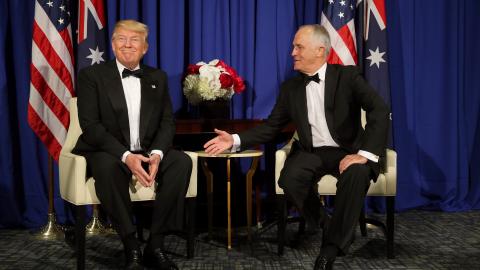 President Donald Trump meets with Australian Prime Minister Malcolm Turnbull during a bilateral meeting on the USS Intrepid in New York on May 5, 2017. (Nathan Edwards/Newspix via Getty Images)