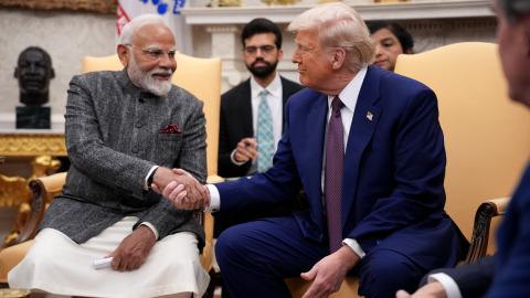 President Donald Trump and Prime Minister Narendra Modi meet in the Oval Office on February 13, 2025. (Andrew Harnik via Getty Images)
