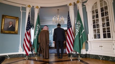 US Secretary of State Marco Rubio and Saudi Foreign Minister Faisal bin Farhan Al Saud walk away after a photoshoot at the US Department of State, in Washington, DC, on April 9, 2025. (Photo by Andrew Thomas/Middle East Images via AFP)