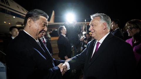 Chinese President Xi Jinping is greeted by Hungarian Prime Minister Viktor Orban as he arrives in Ferihegy, Hungary, on May 8, 2024. (Photo by Vivien Cher Benko/AFP via Getty Images)
