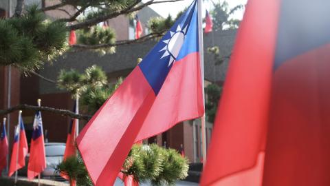 Taiwanese flags are seen on a street in Hsinchu, Taiwan, on October 14, 2024. (I-Hwa Cheng via Getty Images)