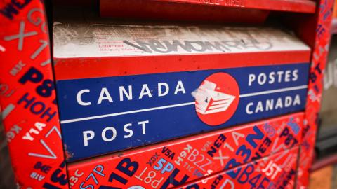 A Canada Post box along Jasper Avenue in downtown Edmonton, Alberta, Canada, on February 25, 2025. (Artur Widak via Getty Images)