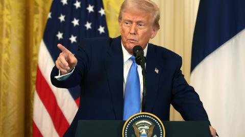 President Donald Trump delivers remarks during a joint press conference with French President Emmanuel Macron on February 24, 2025, in Washington, DC. (Getty Images)