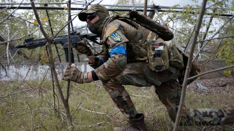 Civilians and veterans of the Russian-Ukrainian war participate in a training game led by experienced servicemen of the 3rd Assault Brigade in Kyiv, Ukraine, on May 10, 2025. (Getty Images)