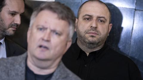 Ukraine’s top negotiator and Defense Minister Rustem Umerov looks on as Ukraine Deputy Foreign Minister Sergiy Kyslytsya speaks to journalists after a meeting with the Russian delegates in Istanbul on May 16, 2025. (Getty Images)