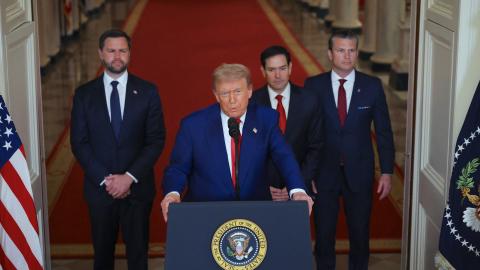 US President Donald Trump addresses the nation, alongside US Vice President JD Vance, US Secretary of State Marco Rubio and US Secretary of Defense Pete Hegseth, from the White House in Washington, DC on June 21, 2025. (Carlos Barria via Getty Images)