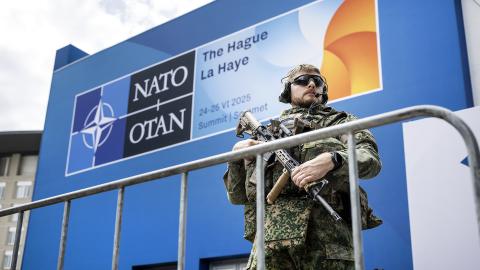 A NATO military force stands guard ahead of the two-day NATO summit at the World Forum in The Hague, Netherlands, on June 22, 2025. (Remko de Waal via Getty Images)