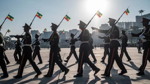 Members of a military music band march during a rally in Addis Ababa, Ethiopia, on November 7, 2021, in support of the national defense forces. (Eduardo Soteras via Getty Images)