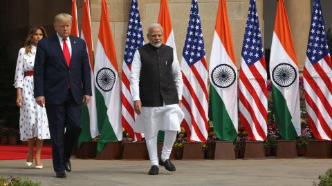 US President Donald Trump, first lady Melania Trump and Indian Prime Minister Narendra Modi walk for a photo-op before their meeting at Hyderabad House, Tuesday, February 25, 2020, in New Delhi, India. (Sondeep Shankar via Getty Images)