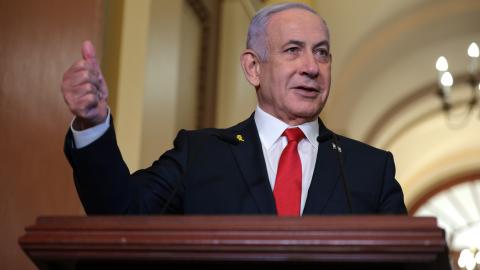 Israeli Prime Minister Benjamin Netanyahu delivers remarks following a meeting with US Speaker of the House Mike Johnson at the US Capitol on February 7, 2025, in Washington, DC. (Kayla Bartkowski via Getty Images)
