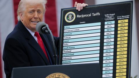 US President Donald Trump holds up a chart of "reciprocal tariffs" at the White House on April 2, 2025, in Washington, DC. (Chip Somodevilla via Getty Images)