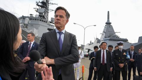 NATO Secretary General Mark Rutte at the Japan Maritime Self-Defense Force's Yokosuka Base, in Yokosuka, Kanagawa prefecture on April 8, 2025. (Kazuhiro Nogi via Getty Images)