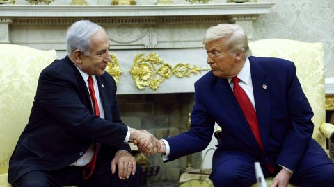 President Donald Trump shakes hands with Israeli Prime Minister Benjamin Netanyahu during a meeting in the Oval Office on April 7, 2025. (Kevin Dietsch via Getty Images)
