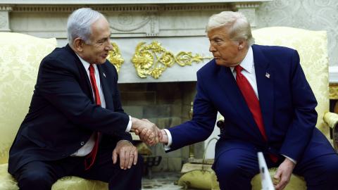 President Donald Trump shakes hands with Israeli Prime Minister Benjamin Netanyahu during a meeting in the Oval Office on April 7, 2025. (Kevin Dietsch via Getty Images)
