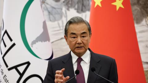 Chinese Foreign Minister Wang Yi attends a press conference for the fourth ministerial meeting of the China-CELAC Forum at the Diaoyutai State Guesthouse on May 13, 2025, in Beijing. (Tingshu Wang via Getty Images)