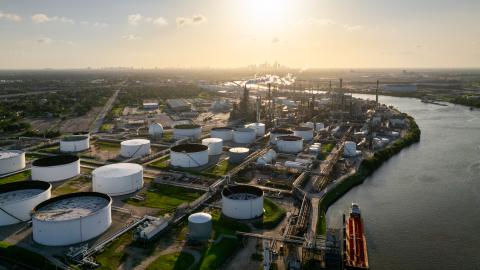 The LyondellBasell Houston refinery is seen at sunset on June 18, 2025, in Houston, Texas. (Brandon Bell via Getty Images)