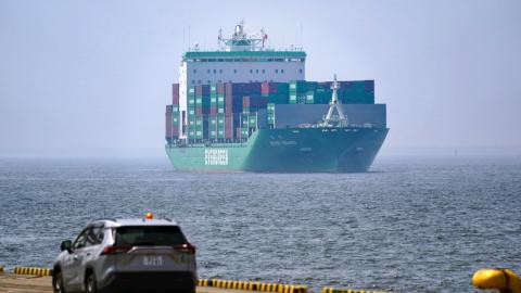 A cargo ship arrives at the international cargo terminal at the port of Tokyo on July 8, 2025. (Kazuhiro Nogi via Getty Images)