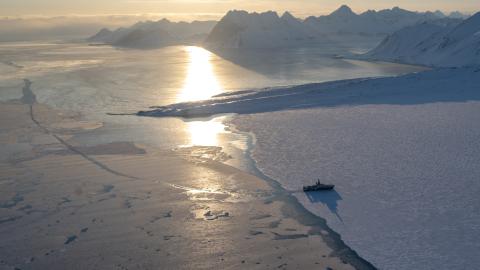The scientific ice-going Kronprins Haakon sails through the sea ice in eastern Spitzbergen in the Svalbard archipelago on April 10, 2025. (Olivier Morin via Getty Images)