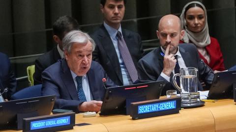 UN Secretary General Antonio Guterres makes a speech as he attends the three-day International Palestine Conference, led by France and Saudi Arabia and attended by Turkiye at the United Nations Trusteeship Council in New York on July 28, 2025. (Selcuk Acar via Getty Images)