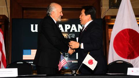 US Commerce Secretary Howard William Lutnick and Japanese Minister for Economic Revitalization Ryosei Akazawa shake hands on on September 4, 2025, in Washington, DC. (Getty Images)