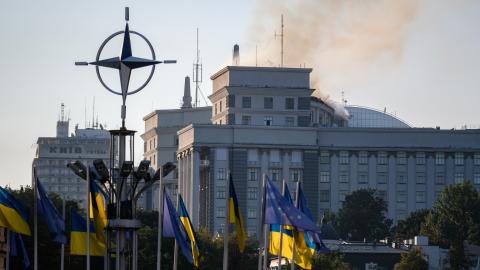 Smoke rises over the government headquarters in Kyiv following Russian drone and missile strikes on September 7, 2025. (Getty Images)