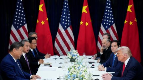 President Donald Trump speaks with Chinese President Xi Jinping during a bilateral meeting at Gimhae Air Base on October 30, 2025, in Busan, South Korea. (Getty Images)