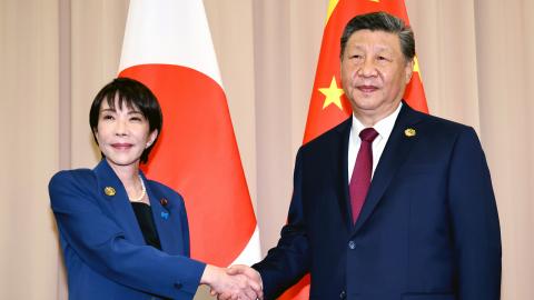 Japanese Prime Minister Sanae Takaichi and Chinese President Xi Jinping shake hands on October 31, 2025, in Gyeongju, South Korea. (Getty Images) Share to Twitter