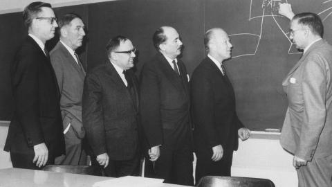 Prof. Peter Drucker talking to a group of top business, industrial, and government leaders from Poland on March 1, 1965, at New York University.. (Getty Images) Share to Twitter