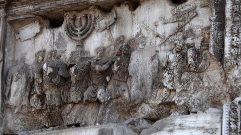 A relief on the Arch of Titus depicts sacred objects from the Temple of Jerusalem being carried during a triumphal procession, as seen on December 7, 2017, in Rome, Italy. (Getty Images)