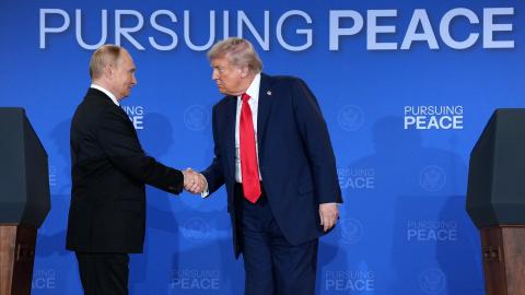 President Donald Trump and Russian President Vladimir Putin shake hands at the end of a press conference at Joint Base Elmendorf-Richardson on August 15, 2025, in Anchorage, Alaska. (Getty Images)