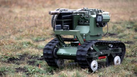 A Lehit ground robotic system, developed by specialists of the International Legion under the Defence Intelligence of Ukraine, is seen during a demonstration in Ukraine on December 9, 2025. (Getty Images)