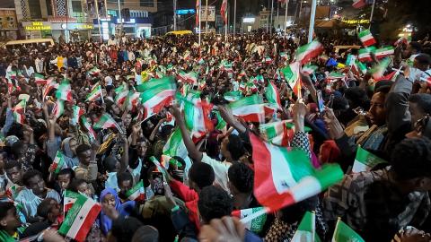 Residents wave Somaliland flags to celebrate Israel’s recognition of the republic in downtown Hargeisa, Somaliland, on December 26, 2025. (Getty Images)